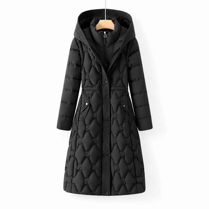 Longline quilted hooded coat by Bennett & Lowe, Jacqueline style, featuring a warm, padded design with a hood and stylish silhouette.