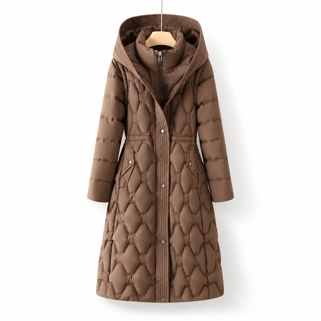 Longline quilted hooded coat from Bennett & Lowe, Jacqueline style, featuring a cozy, padded design and a stylish hood.