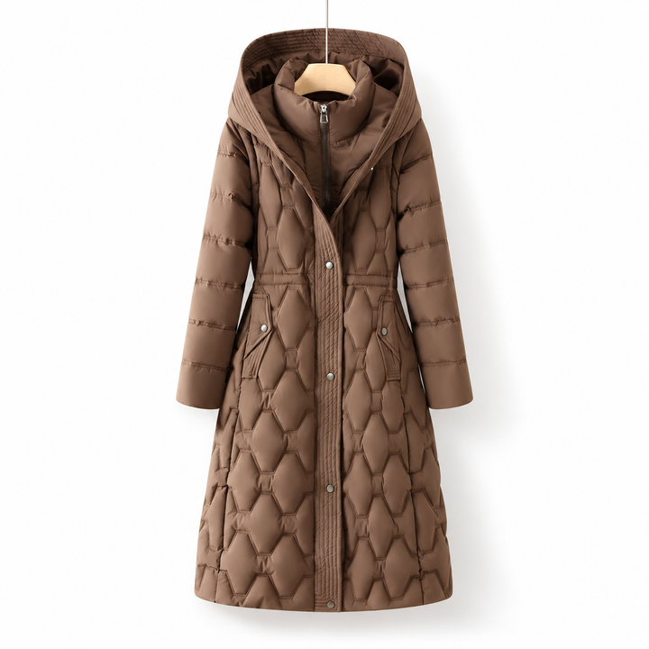 Longline quilted hooded coat from Bennett & Lowe, Jacqueline style, featuring a cozy, padded design and a stylish hood.