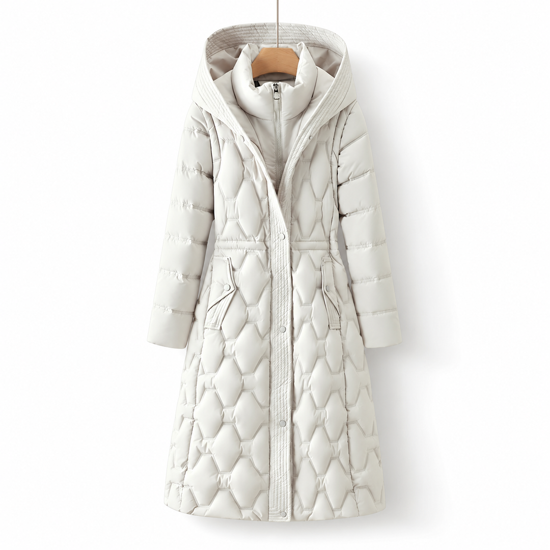Longline quilted coat with hood by Bennett & Lowe, featuring a warm, padded design and stylish silhouette.