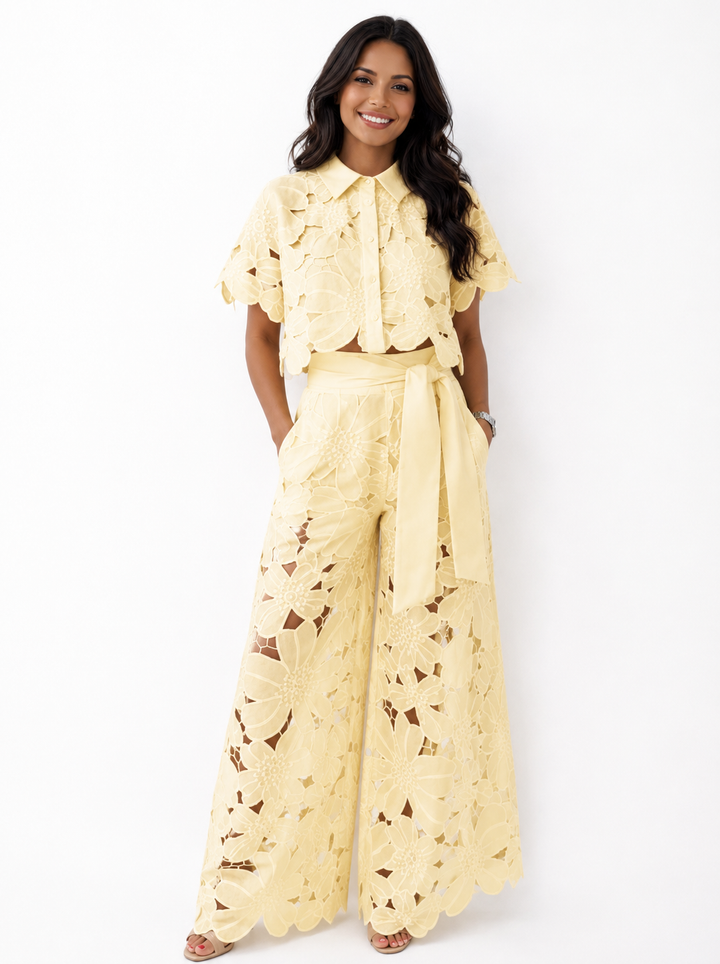 Floral lace two-piece set from Bennett and Lowe named Margaux, featuring intricate lace details and a stylish, feminine design.