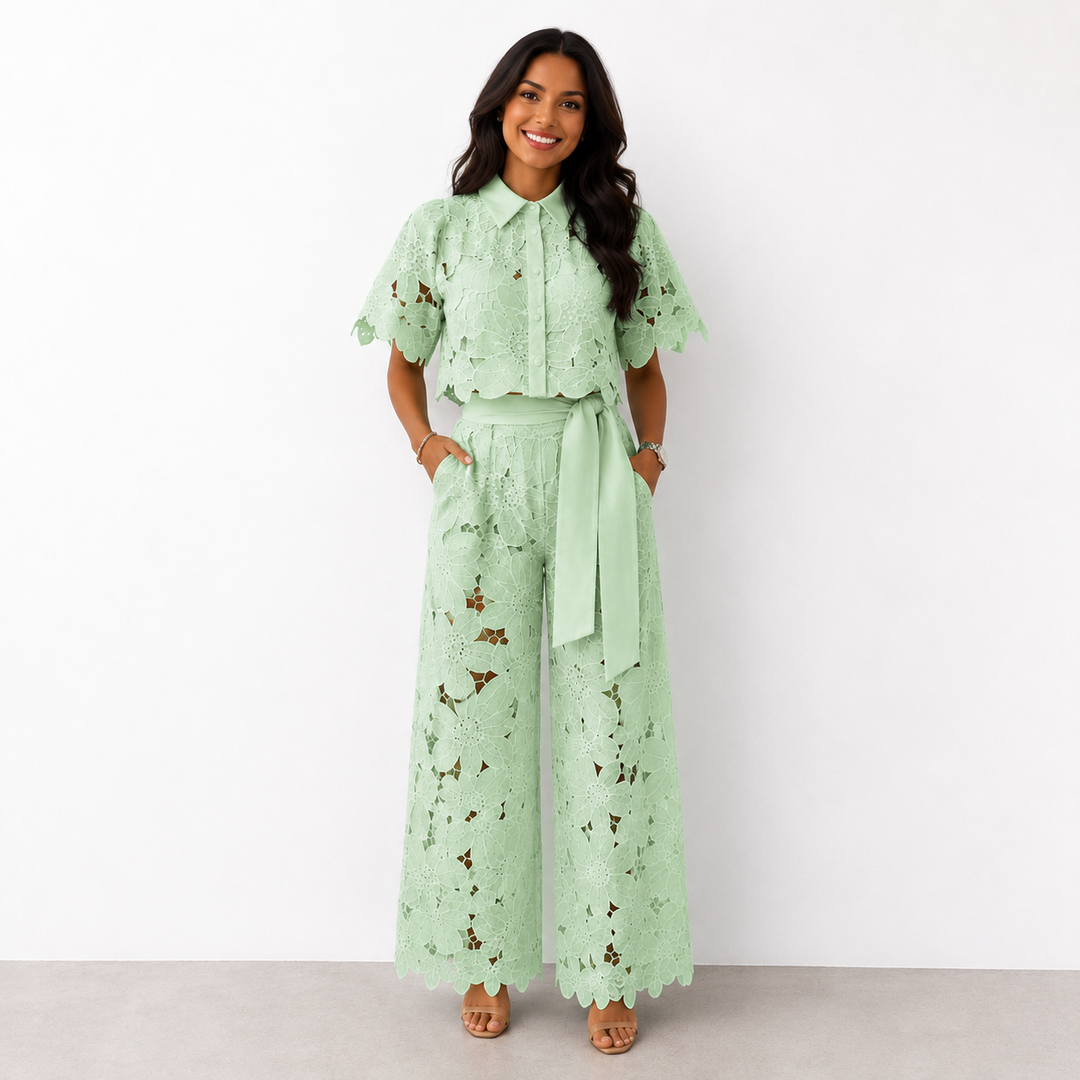 Elegant floral lace two-piece set by Bennett and Lowe, featuring intricate lace details and a stylish, feminine design.