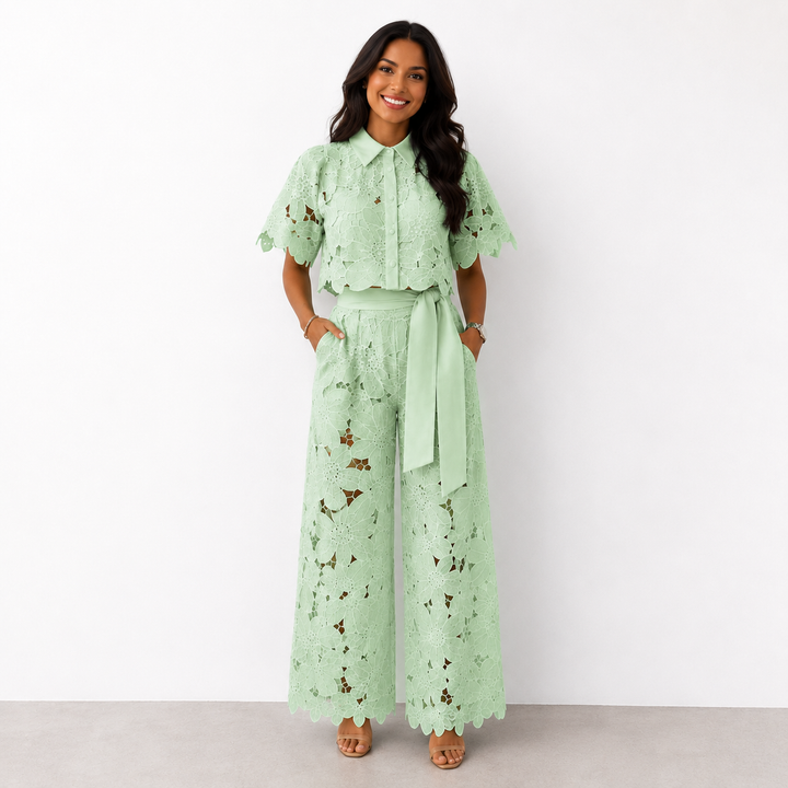 Elegant floral lace two-piece set by Bennett and Lowe, featuring intricate lace details and a stylish, feminine design.