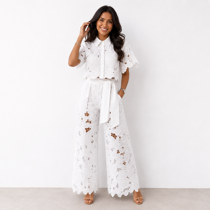 Floral lace two-piece set by Bennett and Lowe featuring intricate lace details and a feminine, elegant design.