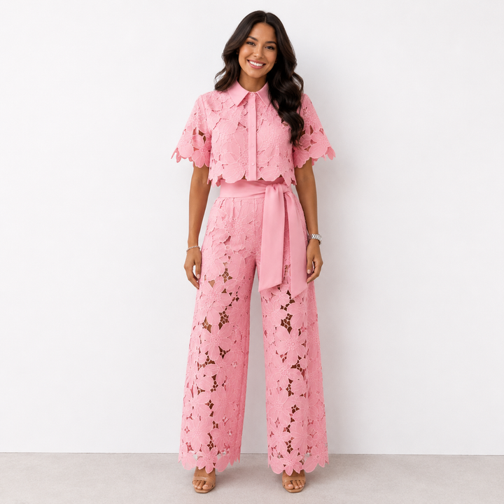 Elegant floral lace two-piece set named Margaux by Bennett and Lowe, featuring intricate lace details and a feminine silhouette.