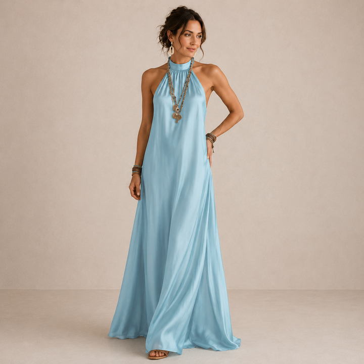Cassidy | Blue Halter-Neck Flowing Maxi Dress for Women