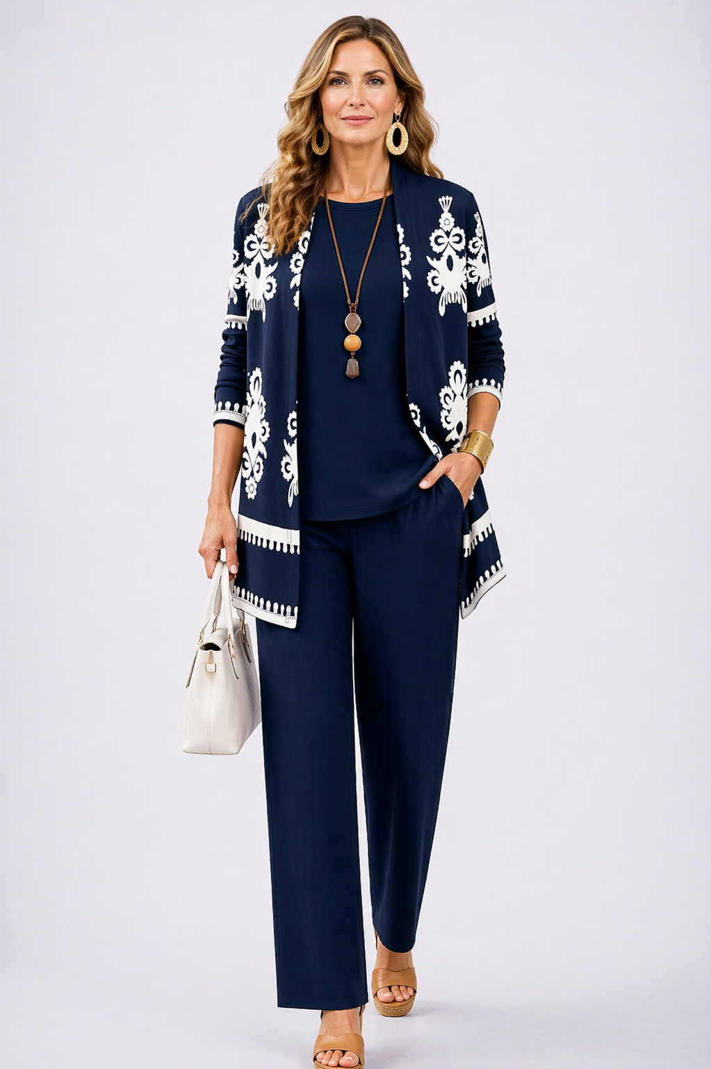 Bennett and Lowe Grace patterned cardigan top with wide-leg pants, three-piece women's set featuring floral print and relaxed fit.