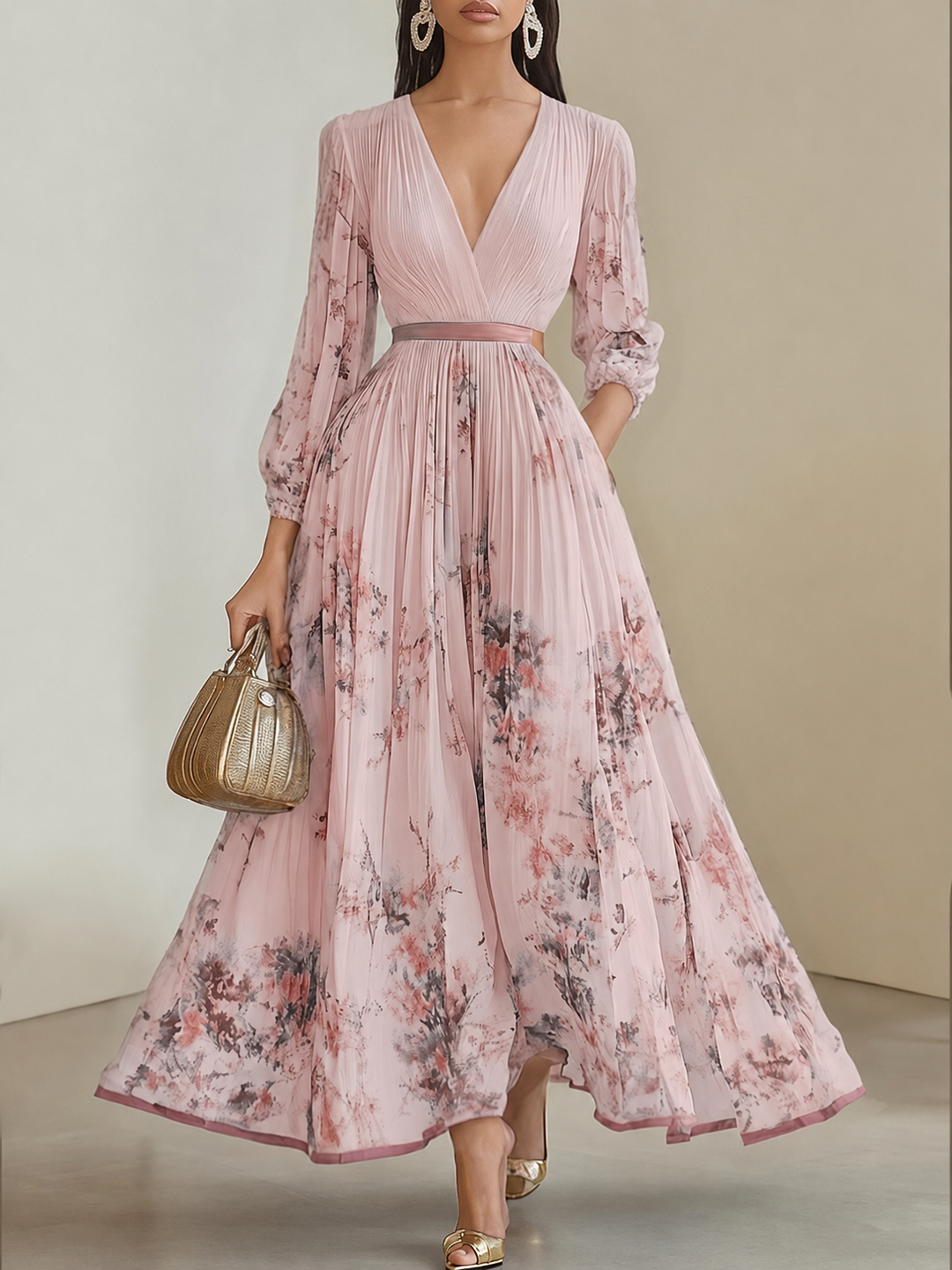 Elegant floral maxi dress for women featuring pleated details from Bennett and Lowe's Celeste collection, showcased on a model.