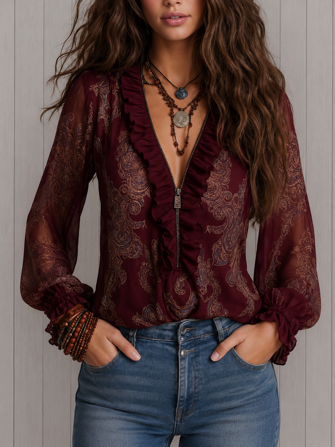 Elise | Baroque Paisley Ruffle-Neck Long-Sleeve Blouse for Women