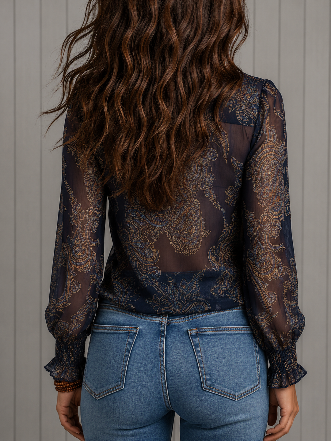 Elise | Baroque Paisley Ruffle-Neck Long-Sleeve Blouse for Women