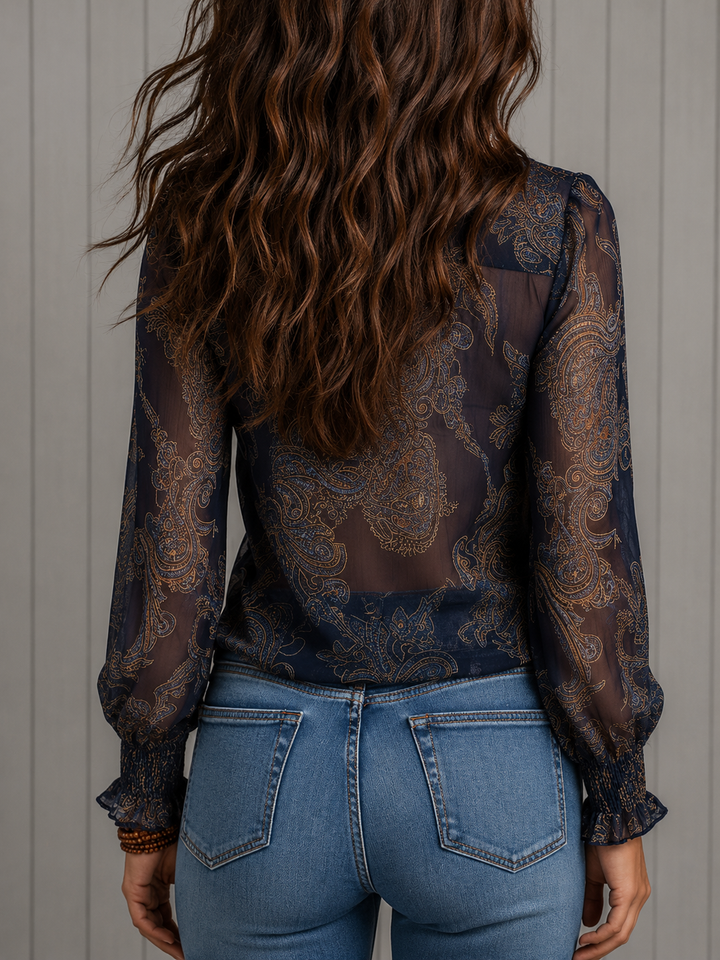 Elise | Baroque Paisley Ruffle-Neck Long-Sleeve Blouse for Women