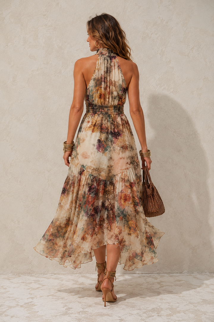 Bennett and Lowe Ivy halter maxi dress with flowing fabric and elegant design, perfect for warm-weather occasions.