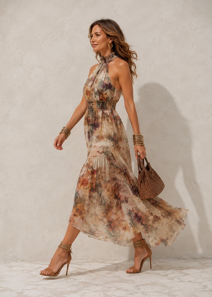 Bennett and Lowe Ivy halter maxi dress in flowing fabric, featuring a fitted bodice and elegant halter neckline.