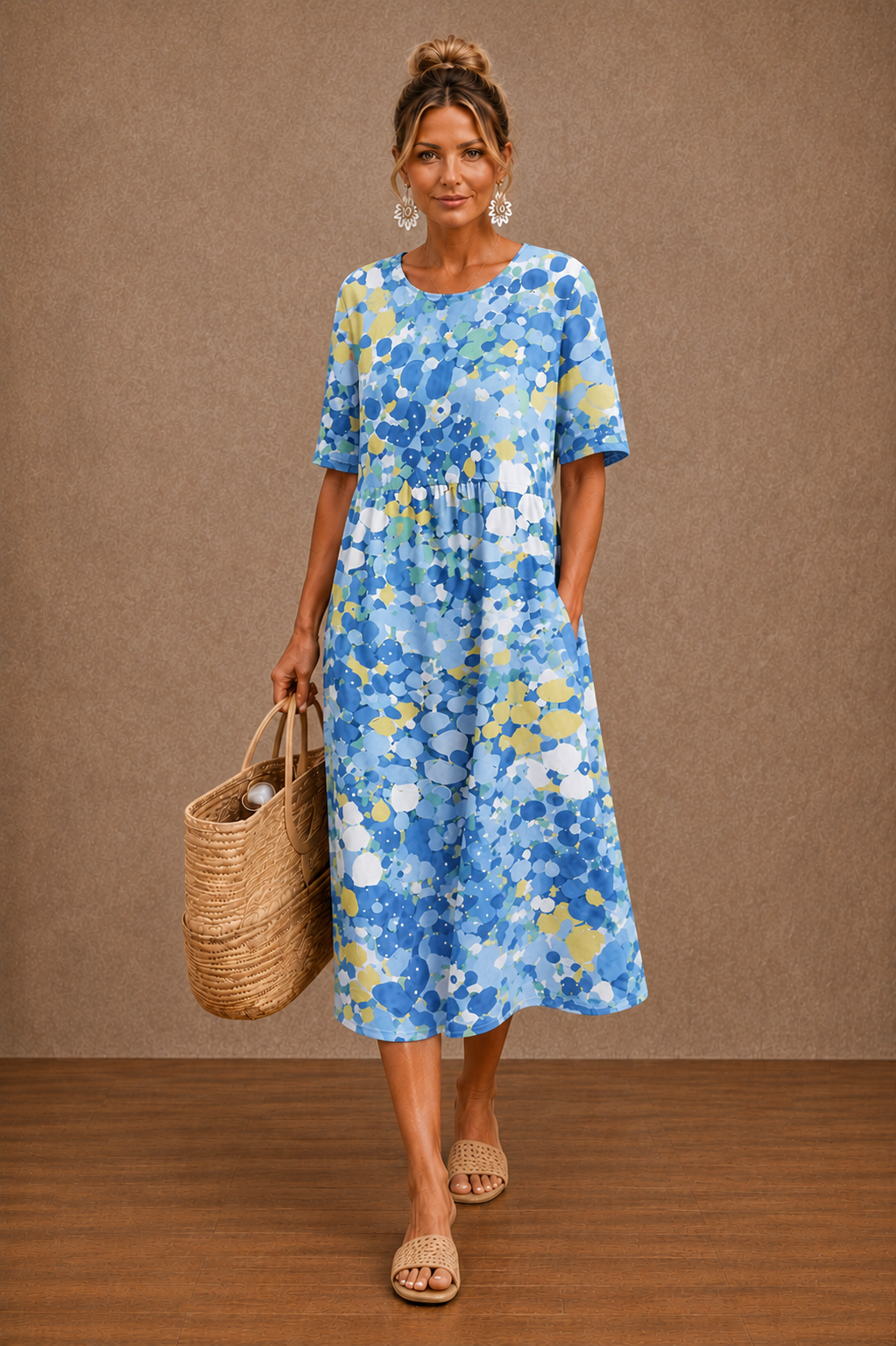 Floral summer midi dress named Hazel by Bennett and Lowe, featuring a flowy fabric and vibrant floral pattern.