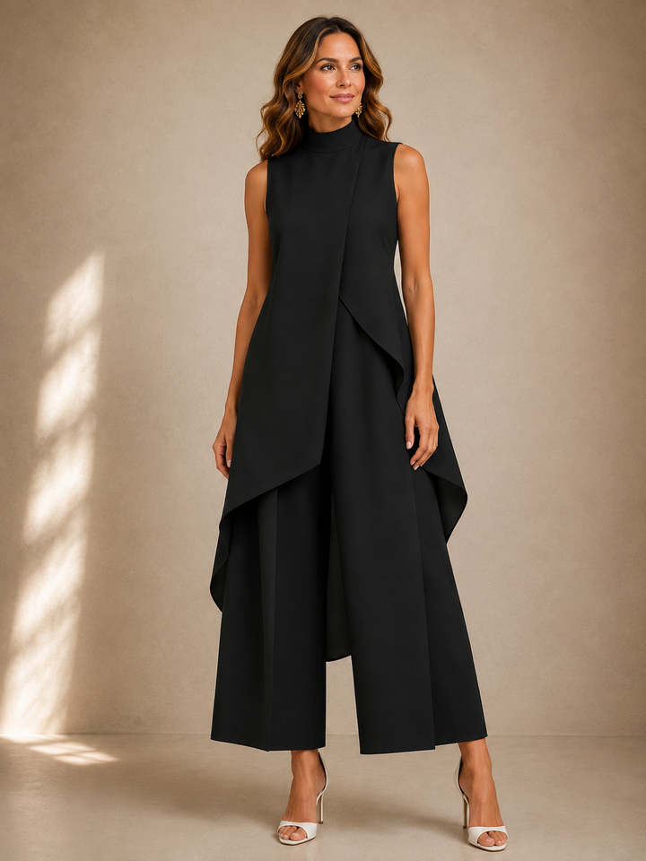 Ruby sculpted high-neck jumpsuit by Bennett and Lowe, featuring a fitted silhouette and high neckline, shown on a model.