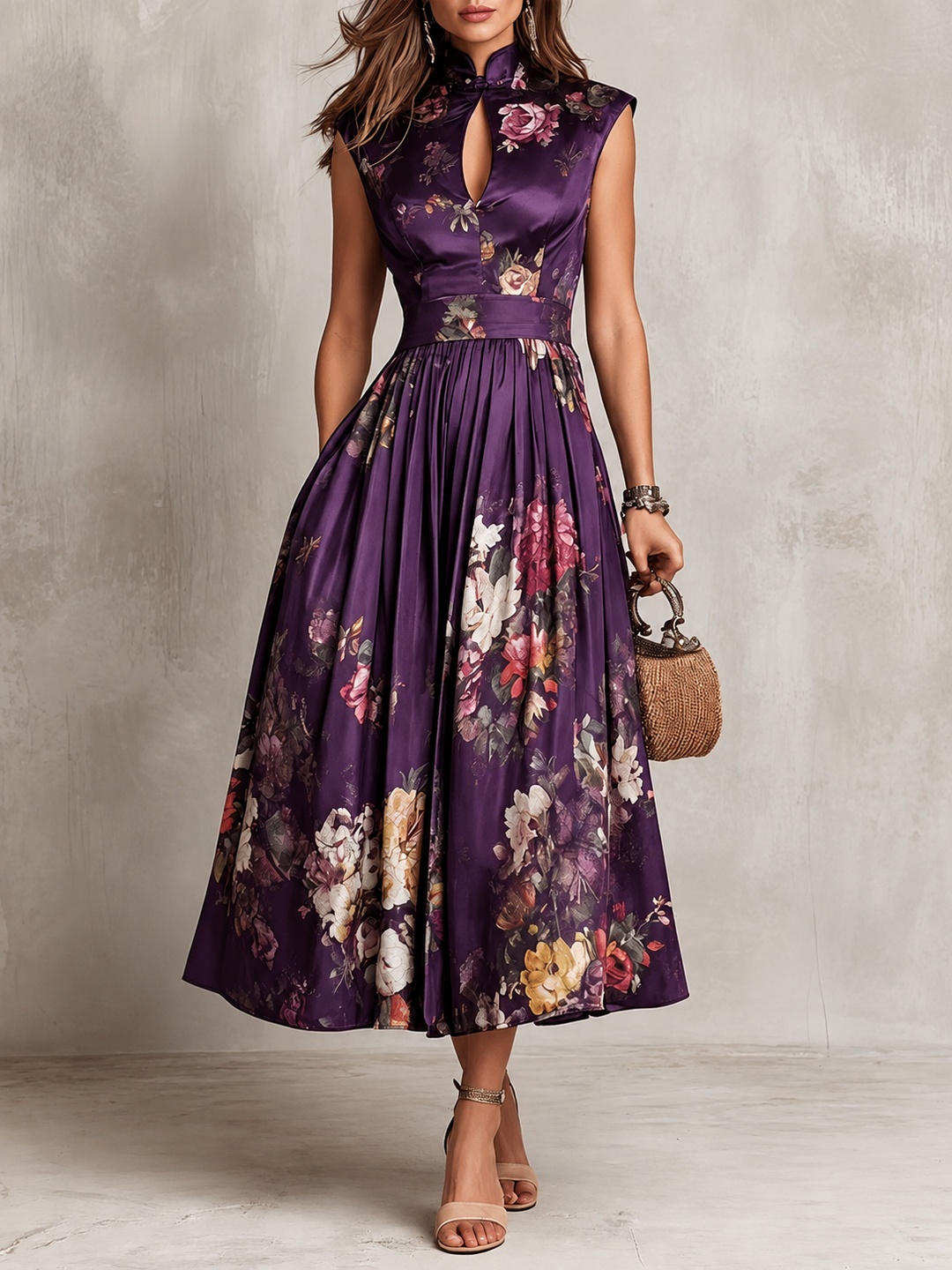 Florence floral mandarin-neck midi dress for women by Bennett and Lowe, featuring a vibrant floral pattern and elegant midi length.
