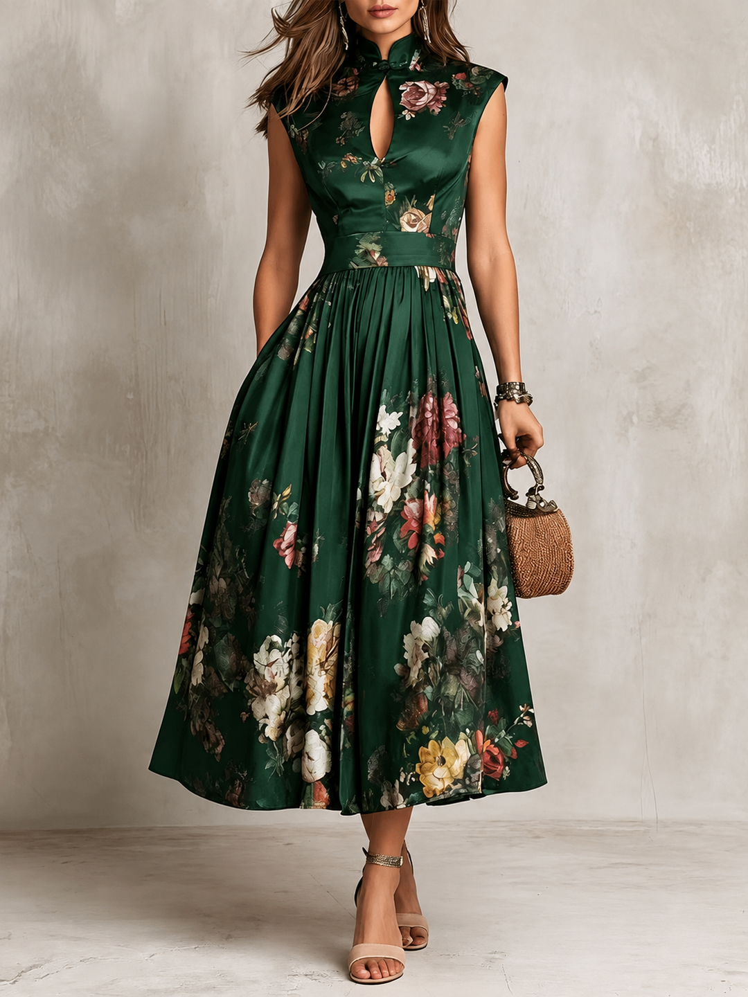 Floral Mandarin-neck midi dress for women by Bennett and Lowe, featuring a vibrant floral pattern and elegant silhouette.