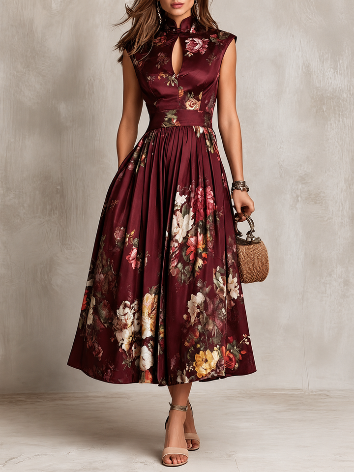 Floral Mandarin-neck midi dress for women by Bennett and Lowe, featuring a vibrant floral pattern and elegant fit.