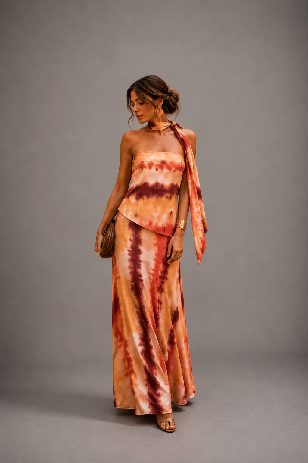 Printed strapless maxi dress for women by Bennett and Lowe, featuring a flowing design and vibrant floral pattern.