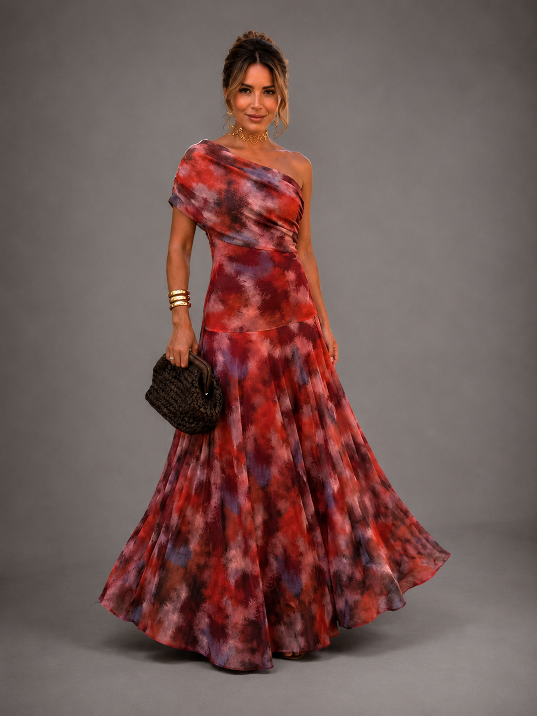 Watercolor off-shoulder maxi dress for women by Bennett and Lowe, featuring a flowing design and vibrant watercolor pattern.