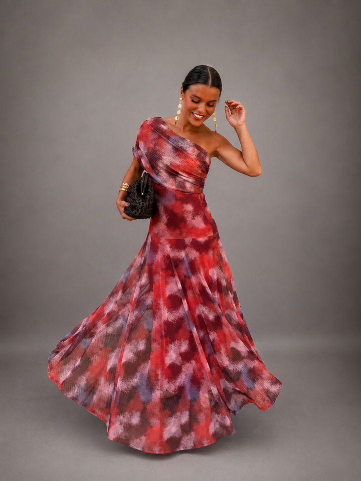 Valentina watercolor off-shoulder maxi dress for women by Bennett and Lowe, flowing fabric with vibrant floral watercolor pattern.