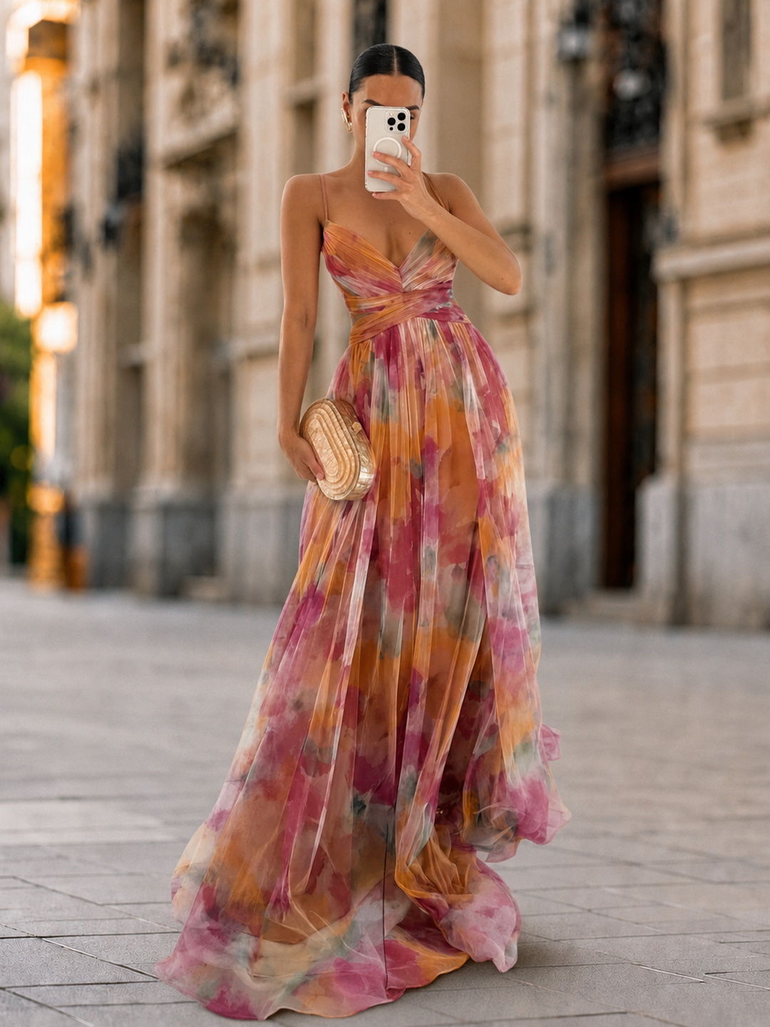 Giselle floral crisscross maxi dress by Bennett and Lowe featuring a flowy silhouette and vibrant floral pattern.