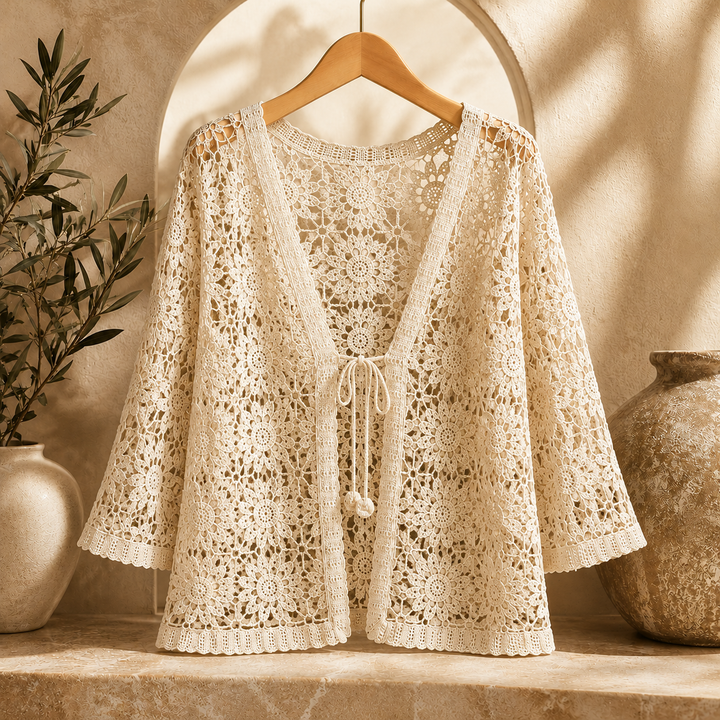 Elora crochet cardigan by Bennett and Lowe featuring intricate knit pattern and lightweight, stylish design for casual wear.
