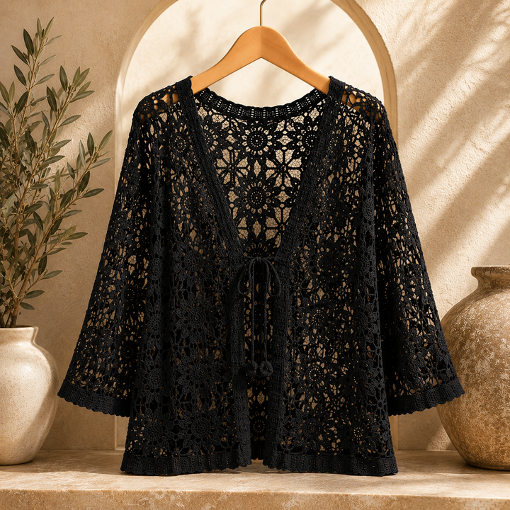 Elora crochet cardigan by Bennett and Lowe, showing intricate knit pattern and lightweight, casual style for women.