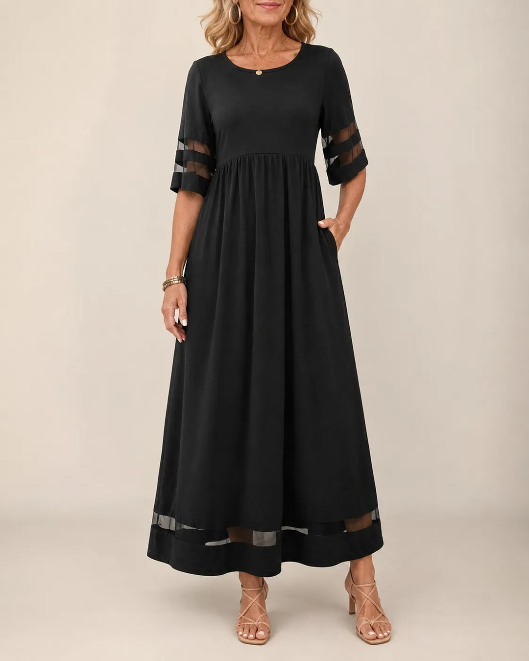 Olivia Newyork Country Muse Aubrey Tummy-Smoothing A-Line Midi Dress, soft fabric with a fitted waist and flowy skirt in a natural setting