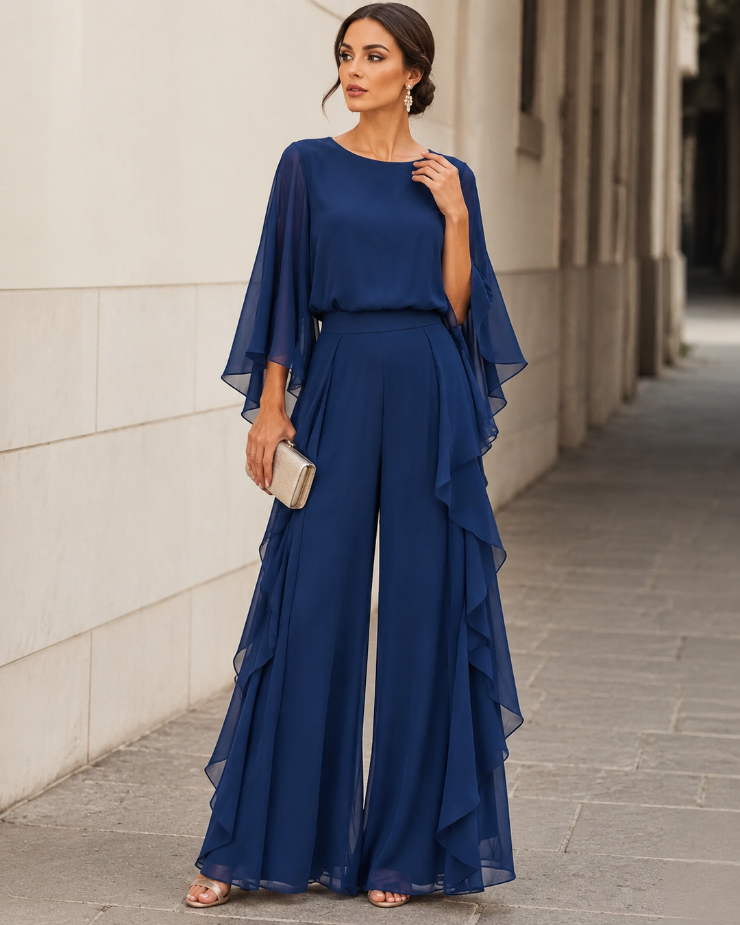 Lenorah two-piece set by Bennett and Lowe featuring a cape-sleeve top and ruffled skirt for women, styled together.