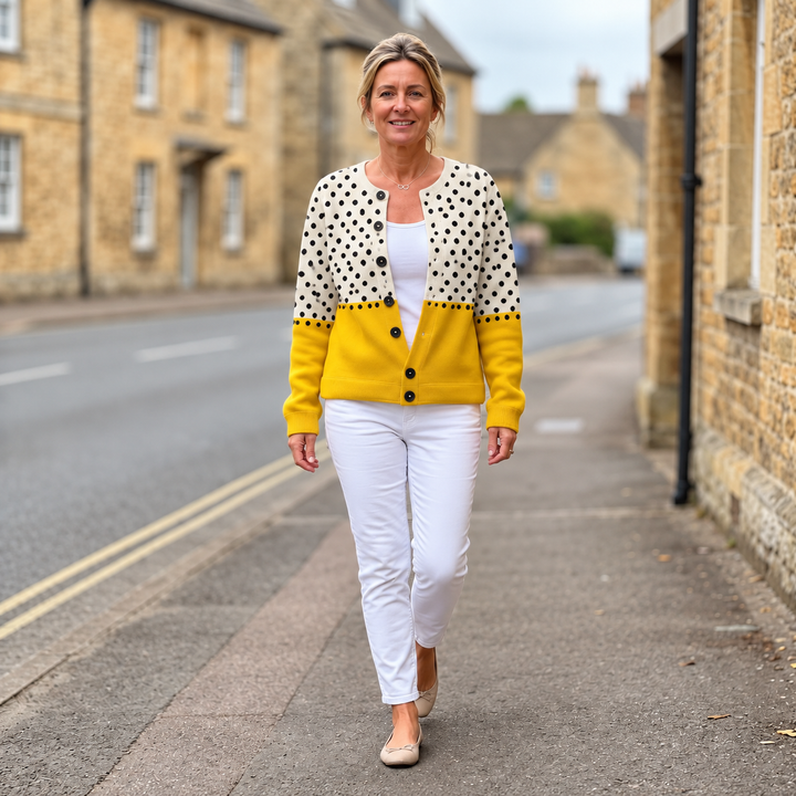 Junella two-tone knit cardigan by Bennett and Lowe, featuring a cozy, stylish open-front design with contrasting color blocks.