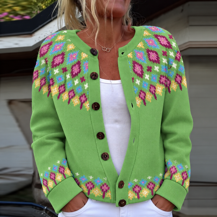 Two-tone knit cardigan from Bennett and Lowe's Junella collection, featuring a cozy, stylish design in neutral and contrasting colors.