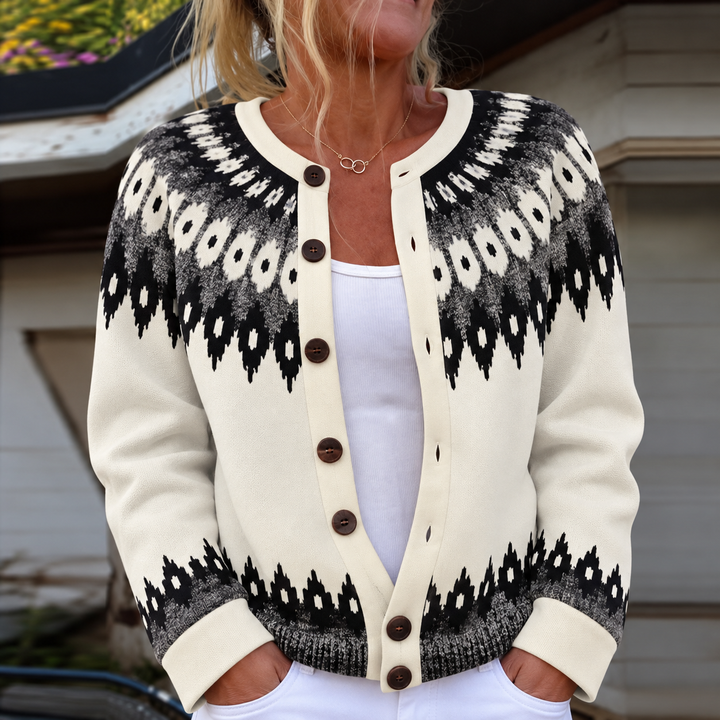 Junella Two-Tone Knit Cardigan by Bennett and Lowe, featuring a cozy, stylish knit with contrasting colors and a button-up front.