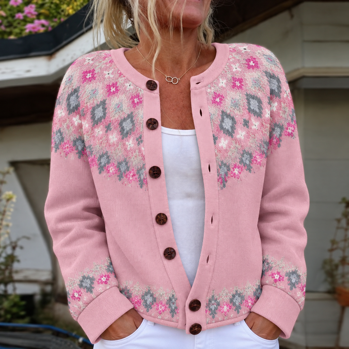 Two-tone knit cardigan by Bennett and Lowe, featuring a cozy, stylish design with long sleeves and a front button closure.