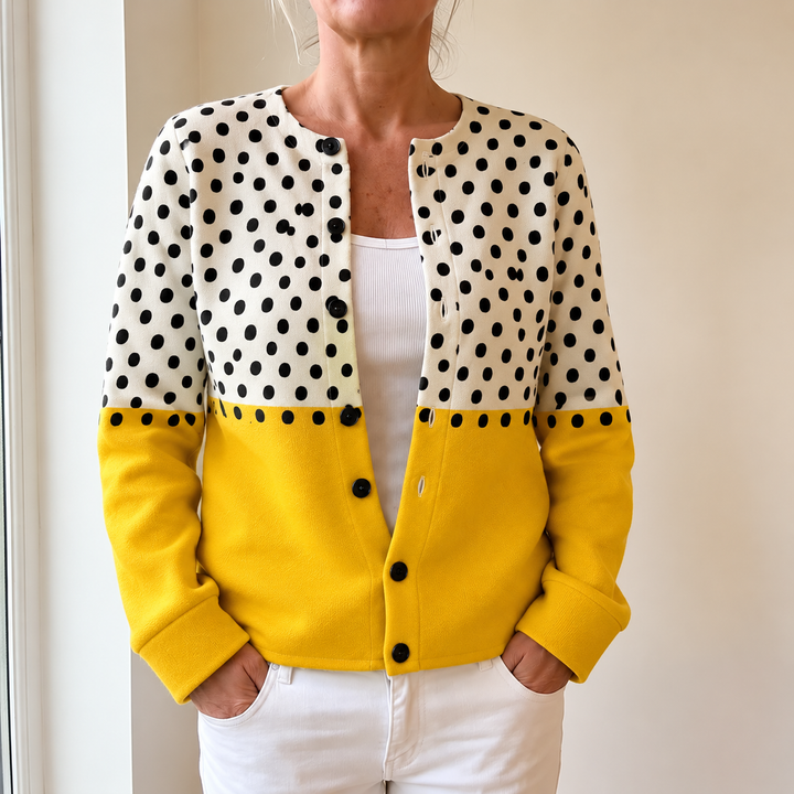Junella Two-Tone Knit Cardigan by Bennett and Lowe, shown in a cozy, stylish knit with contrasting color blocks.