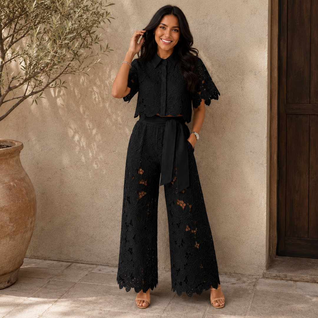 Floral lace two-piece set by Bennett and Lowe featuring a crop top and matching high-waisted skirt, elegant and feminine.