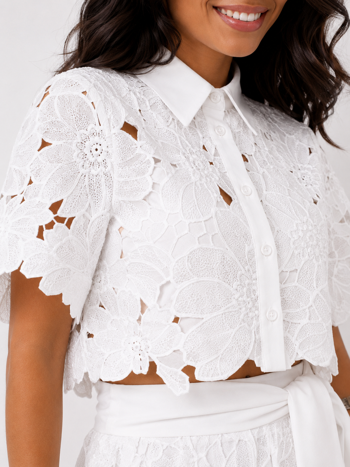 Elegant floral lace two-piece set by Bennett and Lowe, featuring intricate lace details and a stylish, feminine design.