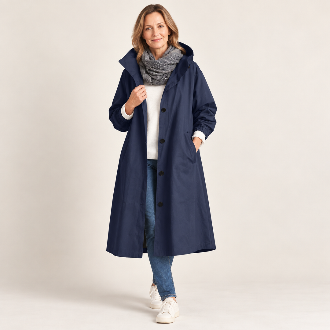 Eloise hooded longline trench coat by Bennett and Lowe, displayed in a neutral color with a tailored fit and classic design.