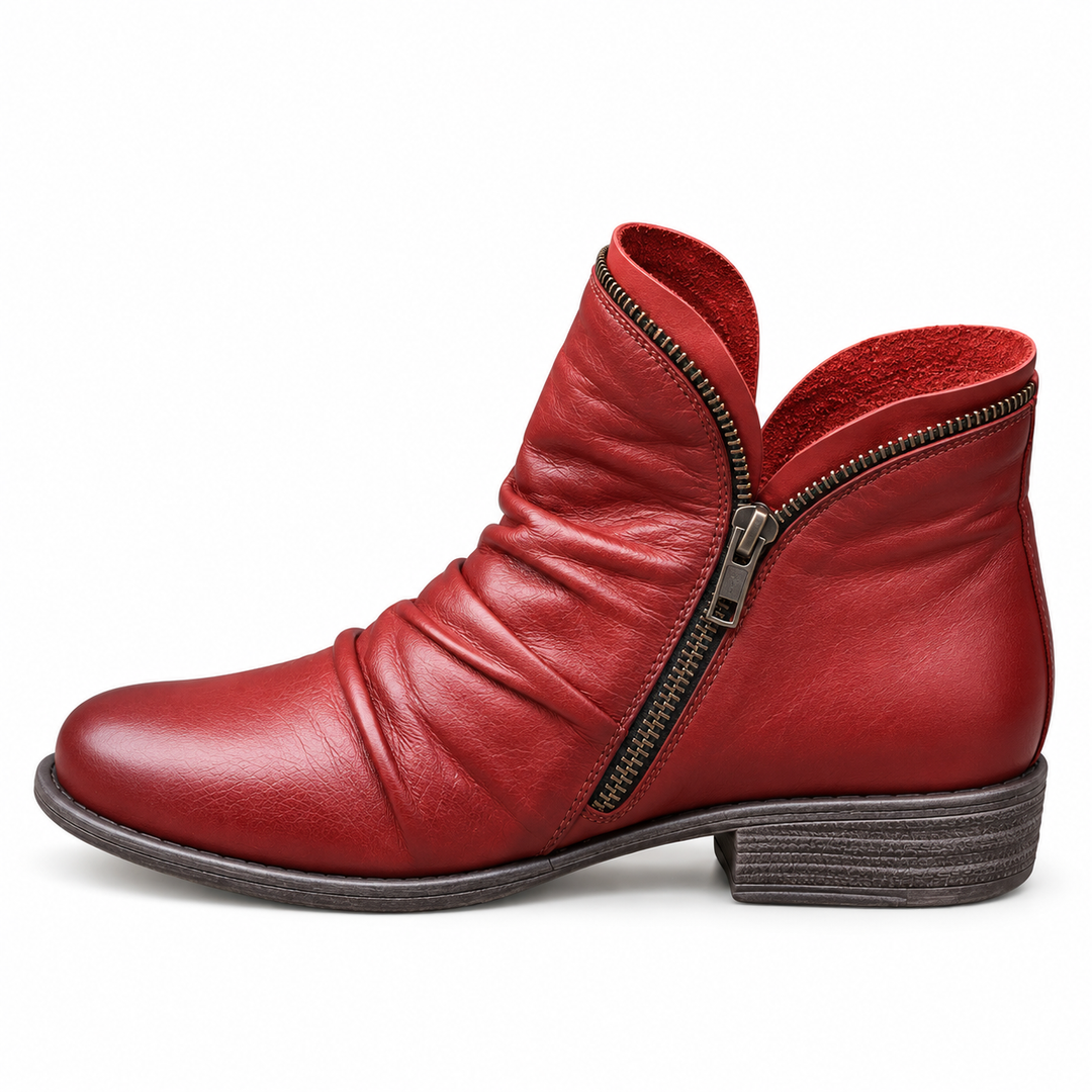 Corinne Bennett and Lowe round-toe ankle boots in black leather with low heel and side zipper, stylish and versatile footwear.