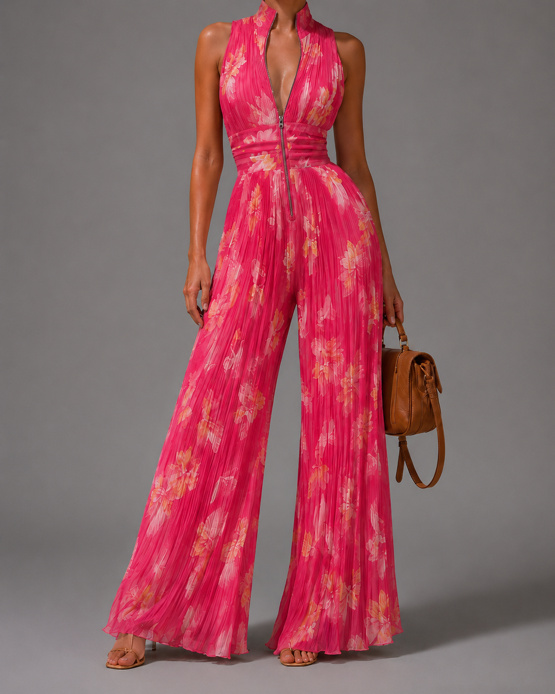 Sofia floral chiffon jumpsuit for women by Bennett and Lowe, featuring pleated design and elegant, flowing fabric.
