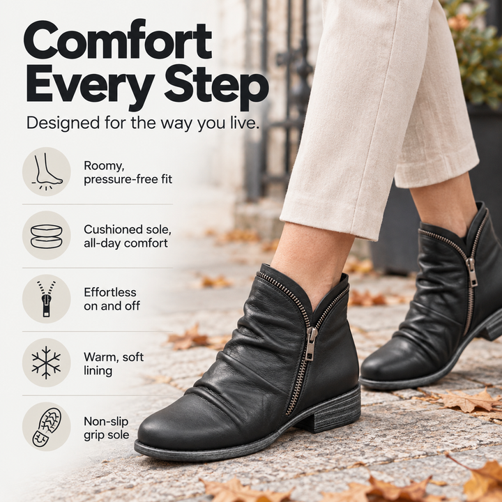 Corinne Bennett and Lowe round-toe ankle boots in black leather, featuring a sleek design and low heel for stylish comfort.