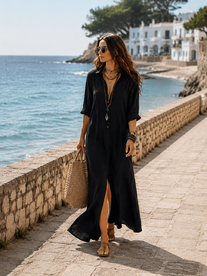 Olivia Newyork Naomi country muse bohemian maxi dress with button-front design, flowing fabric and floral pattern.