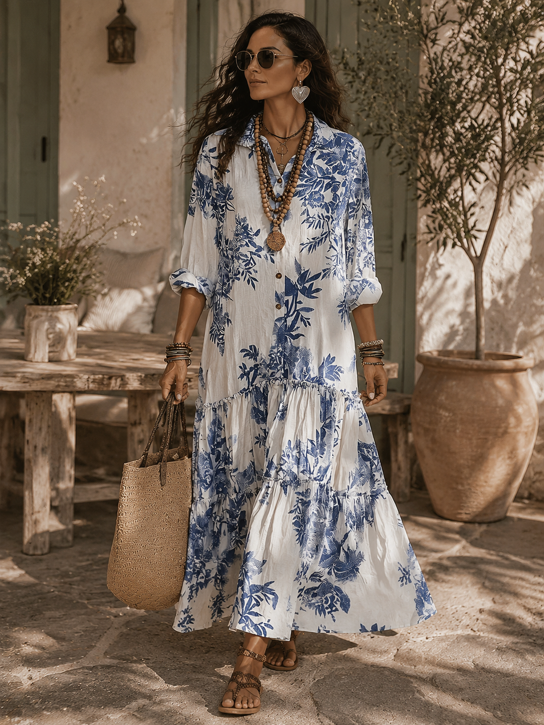 Blue floral button-down maxi dress for women by Bennett and Lowe, featuring a flowing silhouette and vibrant floral pattern.