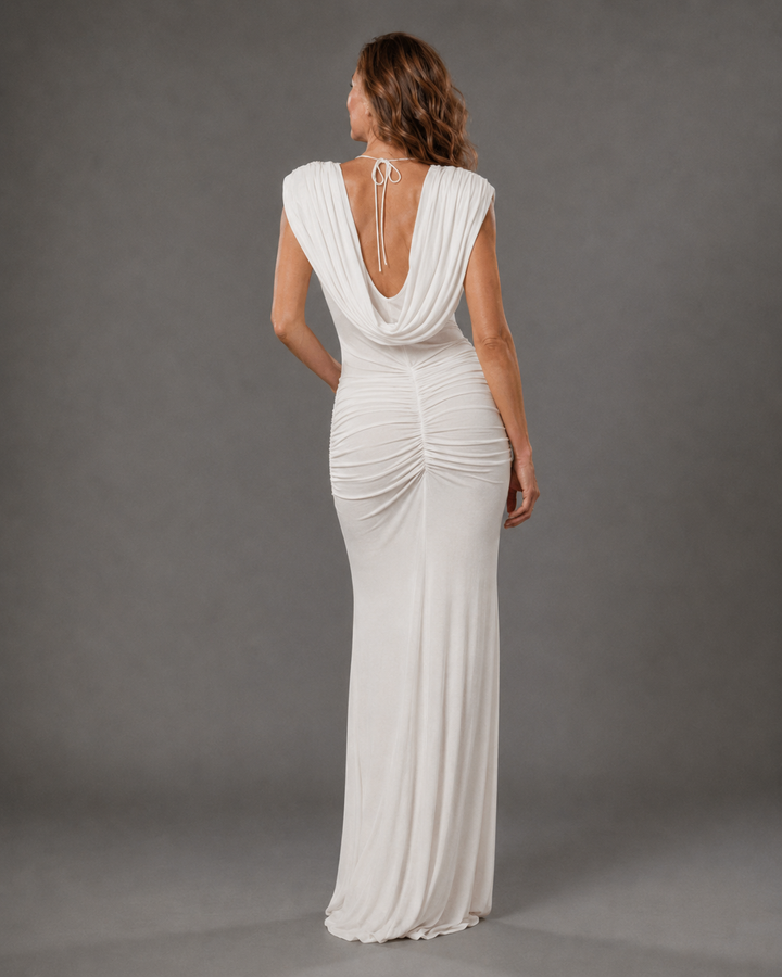 Scarlett Drape Maxi Dress by Bennett and Lowe featuring flowing fabric and elegant design, shown on a model.