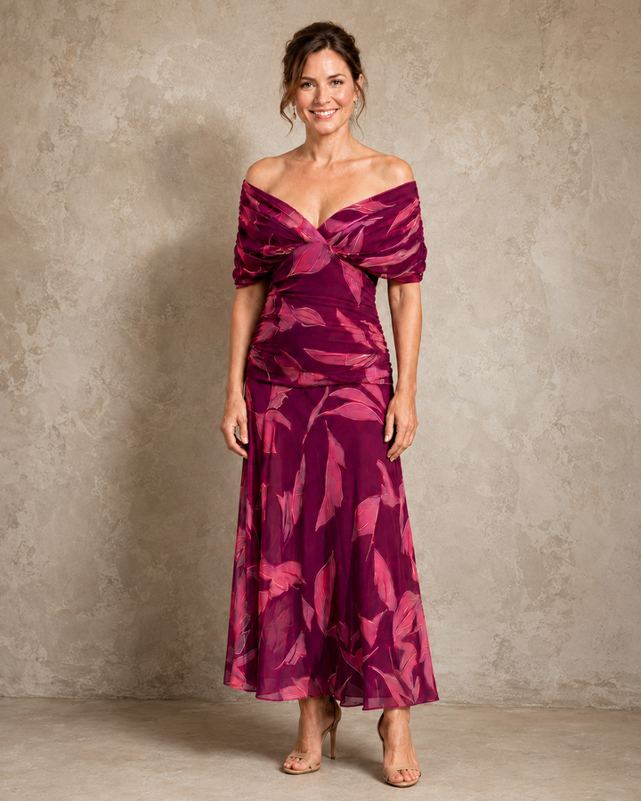 Celeste Bennett and Lowe leaf print flowing maxi dress for women, featuring a lightweight fabric and elegant design.