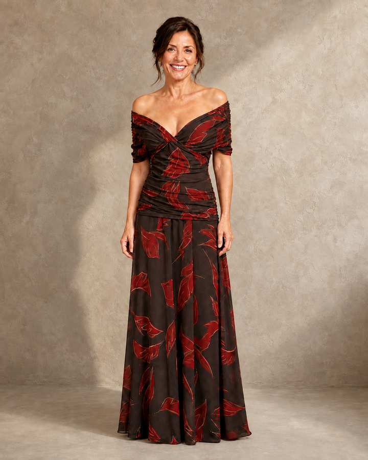 Poppy leaf print V-neck midi dress for women by Bennett and Lowe, featuring a flowy silhouette and botanical pattern.