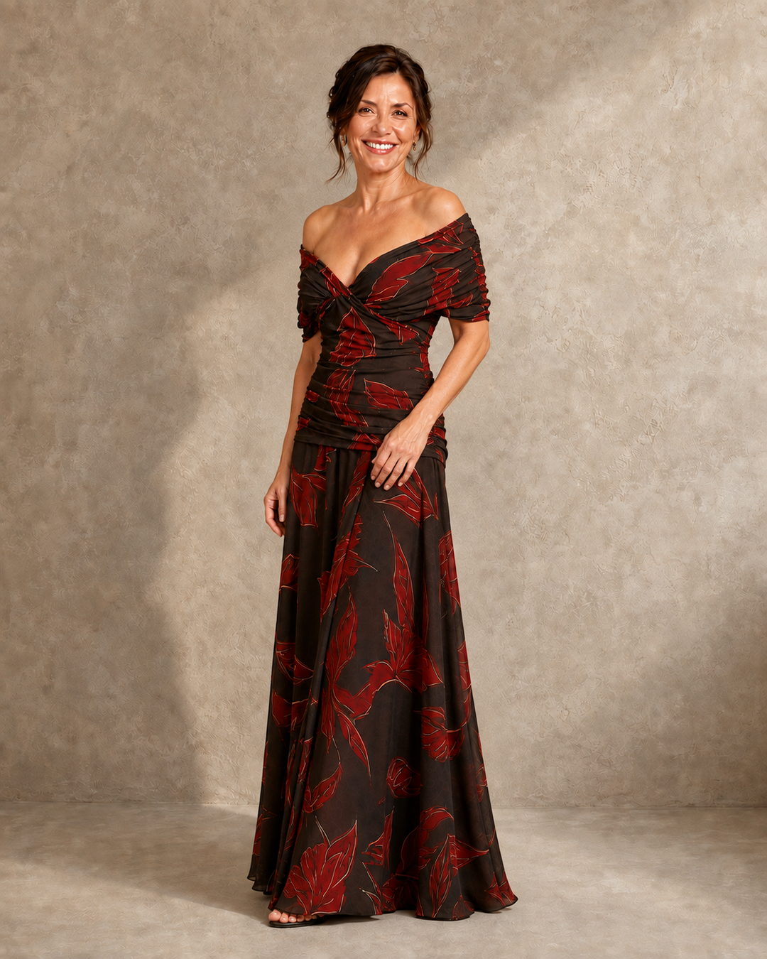 Poppy leaf print v-neck midi dress for women by Bennett and Lowe, featuring a flowing silhouette and floral design.
