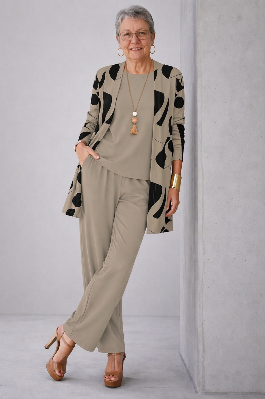 Dorothy three-piece women's set with patterned cardigan top and wide-leg pants by Bennett and Lowe, stylish and comfortable.