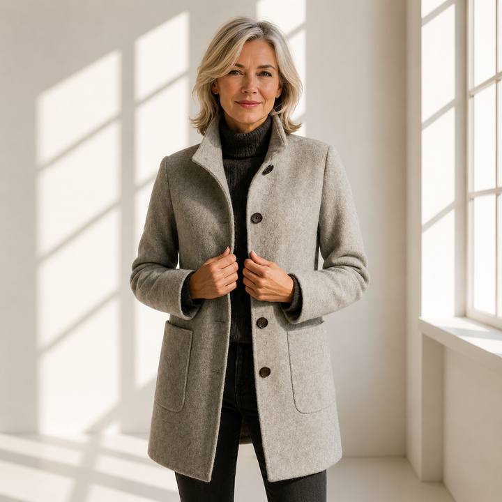 Tailored midi coat for women with button-front design by Bennett and Lowe, featuring a classic fit and structured silhouette.