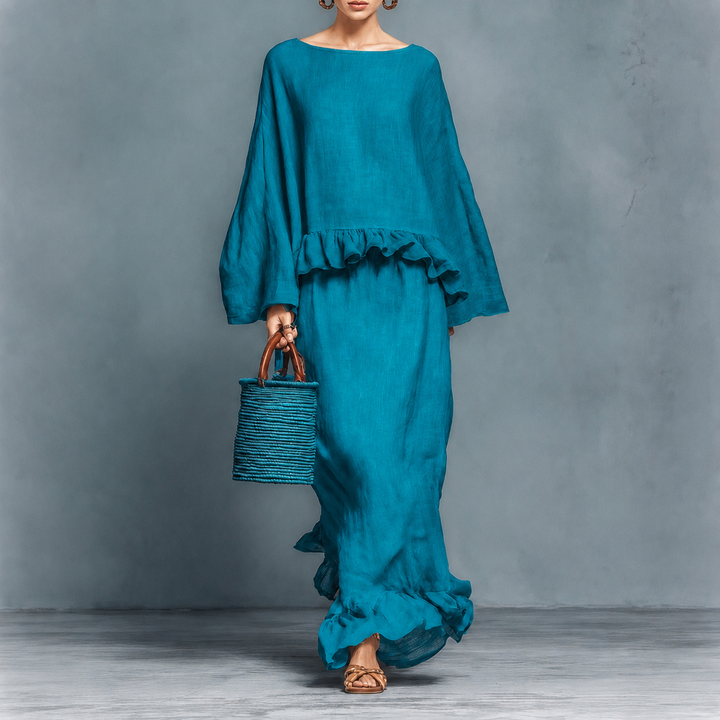 Valentina ruffle hem two-piece women's set by Bennett and Lowe, featuring a stylish top and matching skirt with ruffle details.